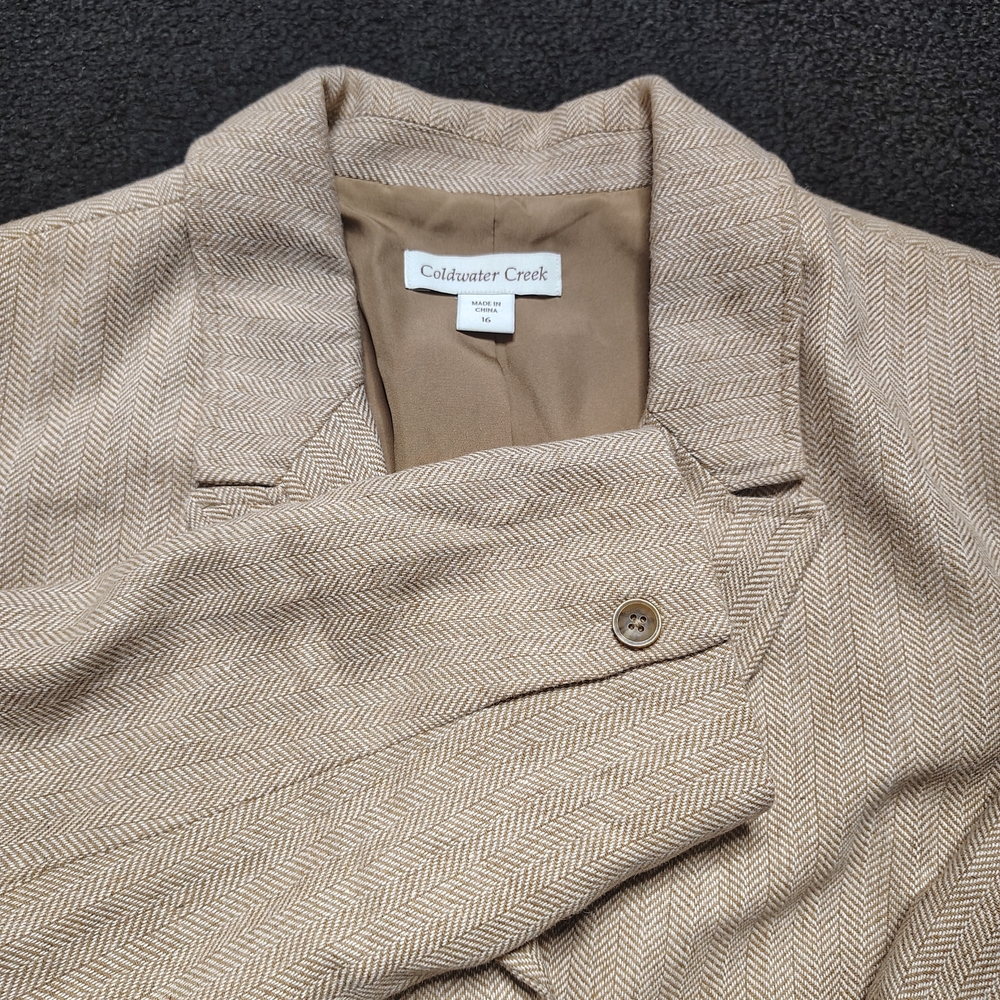 Coldwater Creek Tan Knit Panel Wool Blend Herringbone Tweed Blazer Size 16 New